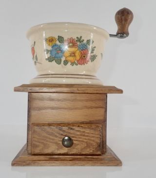 Vintage Hand Crank Coffee Grinder Wood Porcelain 7.  5 " Tall.