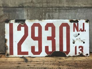 Antique Vintage 1913 Jersey Nj Porcelain License Plate 12930 Red White