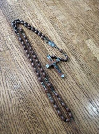 Old Antique Rosary Smooth Wooden Beads Wood France Lordus Signed