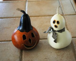 Hand Made Carved Gourd Halloween Pumpkin Jack O Lantern And Ghost Small 4.  5 "