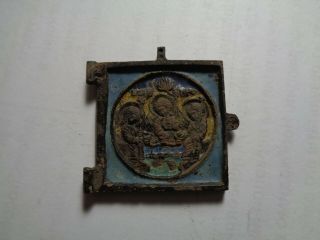 Russian Orthodox Bronze Part Of Small Enamel Triptych Icon 1800s 132