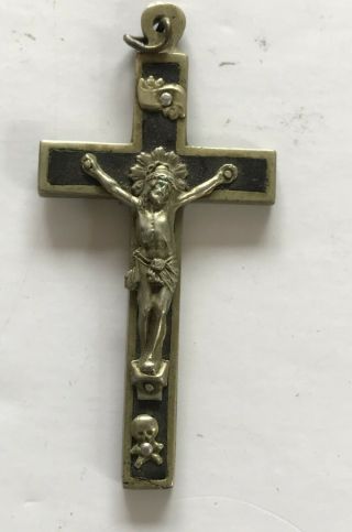Vintage Crucifix Ebony Brass Wood Skull Crossbones Nun Priest Faith Cross 3 "