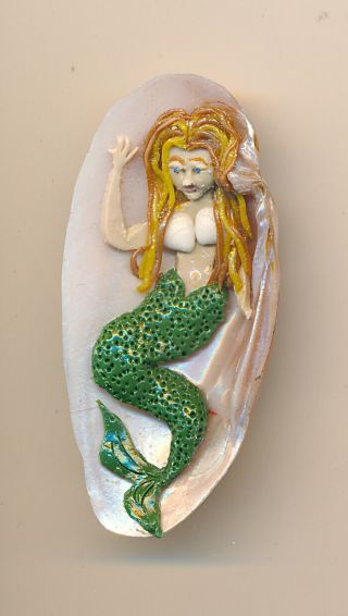 Large Studio Button,  Fimo Mermaid In A Shell,  Signed Cc 02