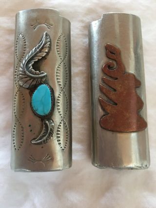 2 Vintage Bic Lighter Holder/covers,  Nickel Silver W/ Turquoise & Copper