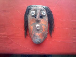 Vintage Hand Carved Wood Mask With Natural Light Brown,  Red,  And Black Hair.