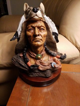 Native American Indian Chief With A Wolf In A Headdress - Resin Statue Figurine