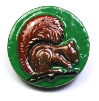 Bb Vintage Plastic Button Hand Painted Squirrel Design - 11/16 "