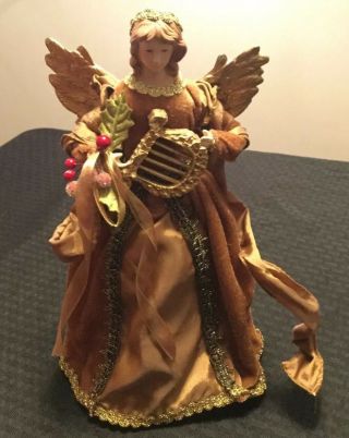 Christmas Tree Topper Gold Angel 12” Playing A Harp Instrument Lovely Vintage