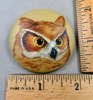 Owl Head,  1900s Studio Button By Hope,  Painted Plastic,  Large