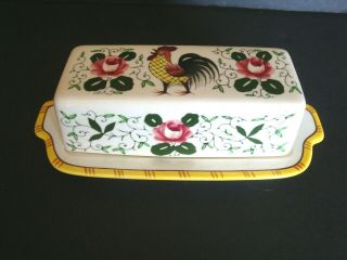 Vintage Ucagco (py) Rooster & Roses Stick Butter Dish