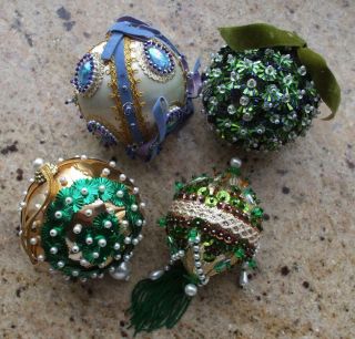 Vintage Christmas Tree Ornaments Sequin Pearls Silk Gold Trim Handmade Kit Set 4
