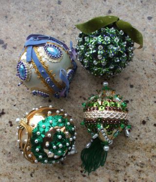 Vintage Christmas Tree Ornaments Sequin Pearls Silk Gold Trim Handmade Kit Set 4 2