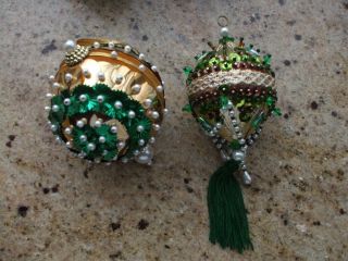 Vintage Christmas Tree Ornaments Sequin Pearls Silk Gold Trim Handmade Kit Set 4 4