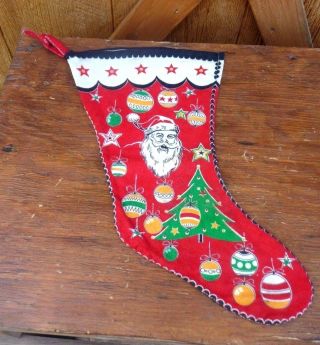 Vintage Printed Flannel Christmas Stocking 2 Sided Merry Christmas Santa & Tree