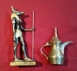 Egyptian Anubis Cast Metal Dog Statue - 8.  5 " Tall Bronze Tone & Brass Pot W/ Lid