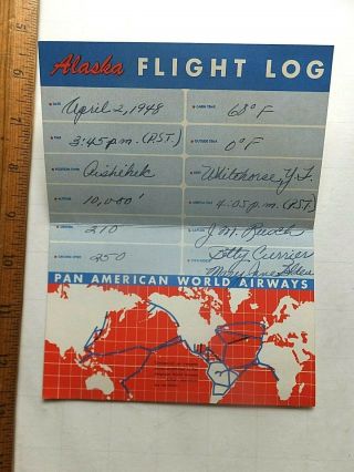 1948 Alaska Flight Log Folded Postcard.  Pan American World Airways.