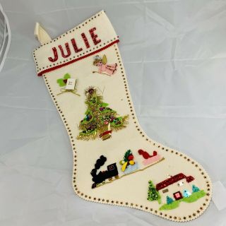 Vtg 1960s Ivory Felt Christmas Stocking Tree,  Angels Train With Name Julie