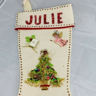 Vtg 1960s Ivory Felt Christmas Stocking Tree,  Angels Train With Name Julie 2
