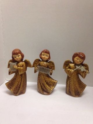 Set 3 Vintage Paper Mache Angels Figurines Gold Japan Playing Instruments