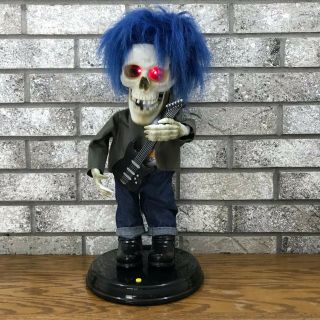 Rare Gemmy Animated Rockin Blue Haired Guitar Skeleton Halloween For Repair