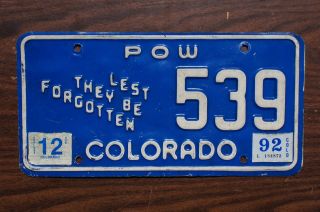 1992 Colorado Pow Prisoner Of War License Plate 539