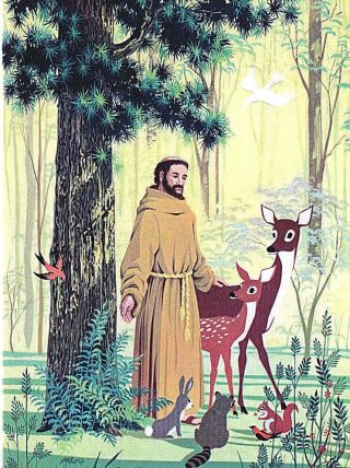 Vintge Xmas Card St.  Francis W Birds & Animals Deer,  Fawn,  Raccoon,  Rabbit,  Squirrel