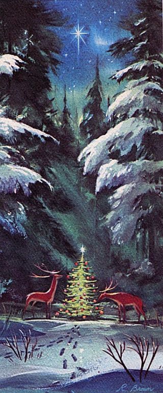 Vintge Christmas Card Enchanted Woods W Deer Admiring Decorated Tree In The Snow