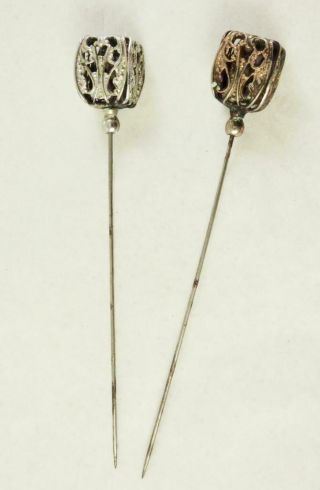 Antique Silvertone/goldtone Filigree Stick/hat Pin Set Of (2)