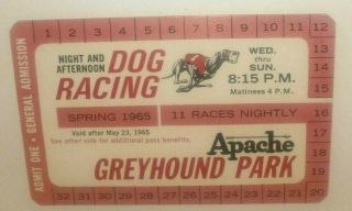 Vintage Dog Racing Greyhound Park Apache General Admission Card 1965