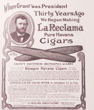 Antique 1900 La Reclama Pure Havana Cigars President Grant 1904 Print Ad Poster