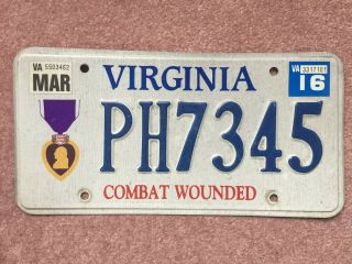 Virginia - Combat Wounded Purple Heart License Plate Tag - Ph7345