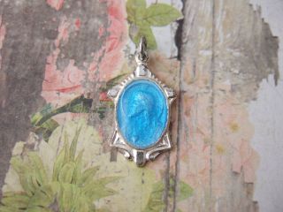 Vintage Catholic Medal Sacred Heart Jesus W/ Turquoise Blue Enamel Silver Finish