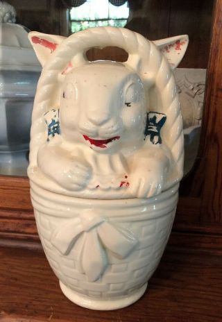 Vintage Easter Cookie Jar American Pottery Bisque Bunny Rabbit In A Basket Cute