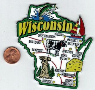 Wisconsin State Jumbo Map Magnet 7 Color Madison Milwaukee Green Bay Wausau