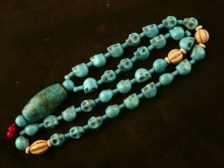 Wow Tibetan Turquoise Skull Beads Necklace W/large Bead Pendant O003