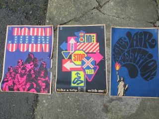 3 Vintage 1968 Fleer Electric Posters Psychedelic Black Light Hippie Series 1
