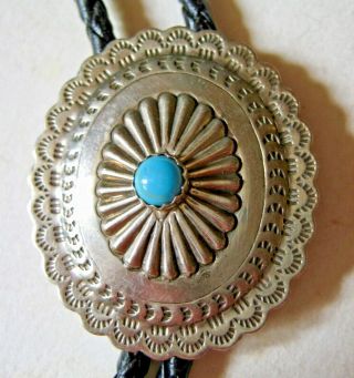 Vintage Navajo Sterling Silver & Turquoise Concho Bolo Tie Signed