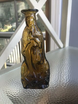 Vintage Amber Glass Blown Mold Catholic Mother Mary Holy Water Bottle Container.