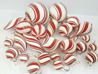 Frosted Peppermint Striped Ornaments - Set Of 18 Ranging From 3 " To 10 1/4 "