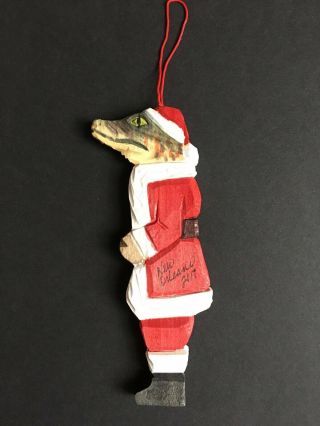 2017 Orleans Hand Painted Carved Wood Alligator Santa Christmas Ornament 5 "