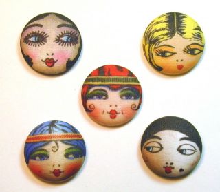 Flapper Button Set Of 5 - Assorted Hand Printed - Cute Us