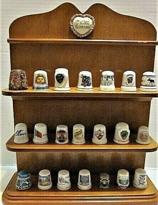 Wooden Calico Kittens 3 Shelf/mantle Thimble Display Rack W/ 21 Themed Thimbles