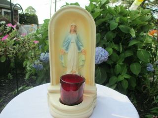 Vintage 1950 Virgin Mary Our Lady Of Grace Chalkware Statue Shrine Votive Candle