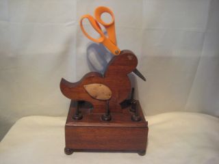 Vintage Wooden Bird Pin Cushion Thread Thimble Bobbin Scissors Holder w Drawer 2