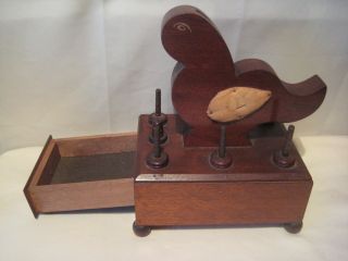 Vintage Wooden Bird Pin Cushion Thread Thimble Bobbin Scissors Holder w Drawer 6