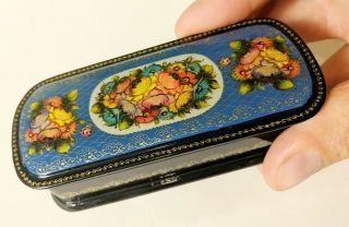 4.  5 " Antique Vintage Russian Lacquer Box " Tenderness " Family Floral Hand Painted