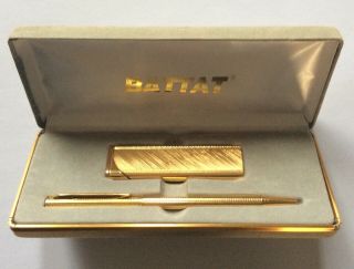 Vintage Battat Pen And Lighter Set Gold Plated Tone Korea Lighter Boxed