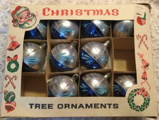 10 Vintage Hand Painted Christmas Ornaments Poland Blue Silver 2 - 3/4 "