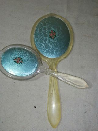 Vintage Vanity Dresser Set Hand Mirror Brush Blue Floral