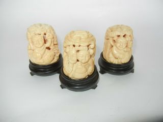 Set Of Three Vintage Chinese Carved Bovine Bone Bead Figures On Stand